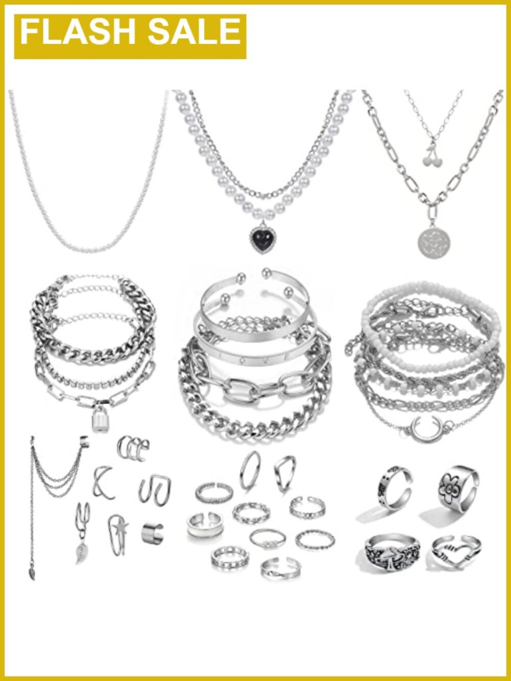 Silver Plated Jewelry Set 36 Pcs Necklace Bracelet Ear Cuffs Knuckle Rings